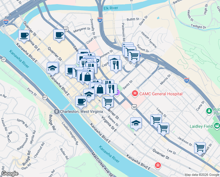 map of restaurants, bars, coffee shops, grocery stores, and more near in Charleston