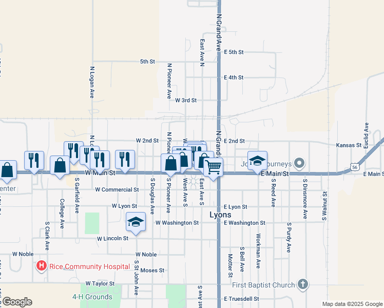 map of restaurants, bars, coffee shops, grocery stores, and more near 151-199 East Ave North in Lyons
