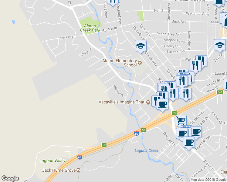 map of restaurants, bars, coffee shops, grocery stores, and more near 707 Hillview Court in Vacaville