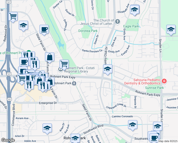 map of restaurants, bars, coffee shops, grocery stores, and more near 639 Racquet Club Circle in Rohnert Park