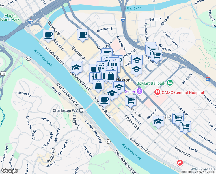 map of restaurants, bars, coffee shops, grocery stores, and more near 901 Quarrier Street in Charleston