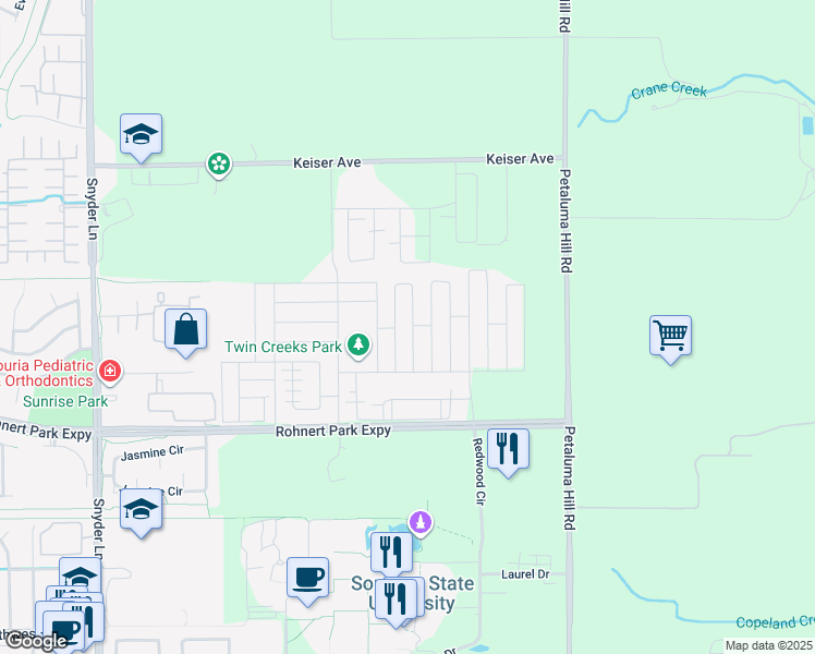 map of restaurants, bars, coffee shops, grocery stores, and more near 5633 Kelsey Place in Cotati