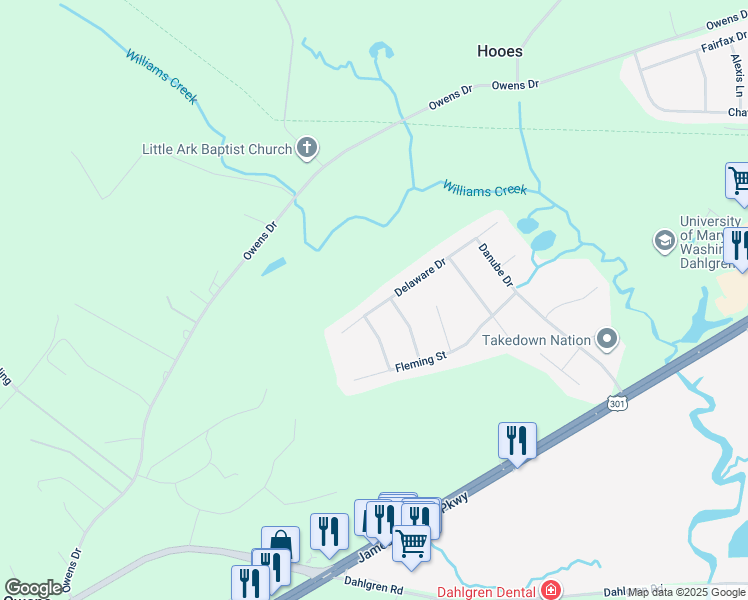 map of restaurants, bars, coffee shops, grocery stores, and more near 15423 Delaware Drive in King George