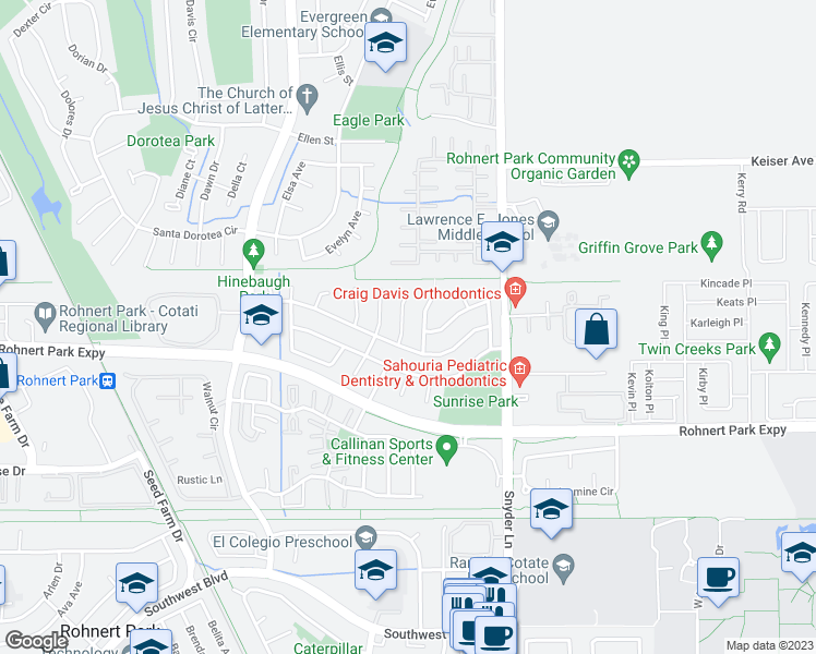 map of restaurants, bars, coffee shops, grocery stores, and more near 6196 San Carlos Court in Rohnert Park