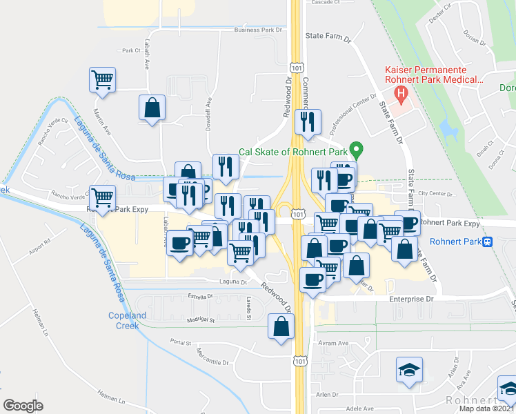 map of restaurants, bars, coffee shops, grocery stores, and more near 6288 Redwood Drive in Rohnert Park