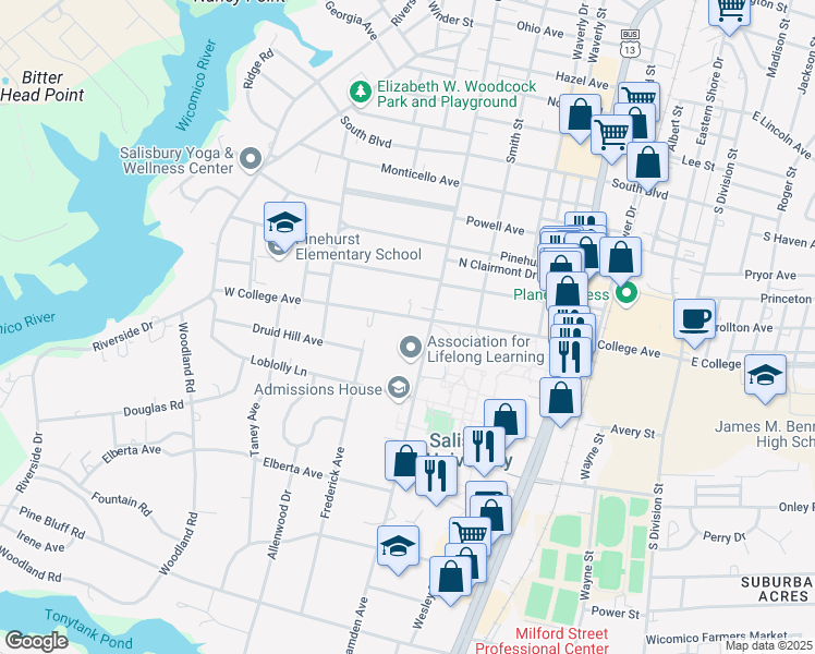 map of restaurants, bars, coffee shops, grocery stores, and more near 402 West College Avenue in Salisbury