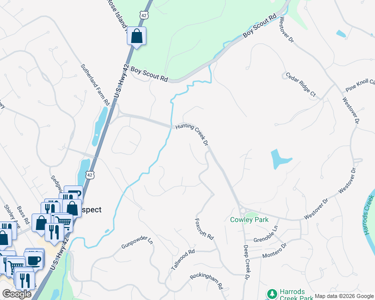 map of restaurants, bars, coffee shops, grocery stores, and more near 7006 Foxcroft Place in Prospect