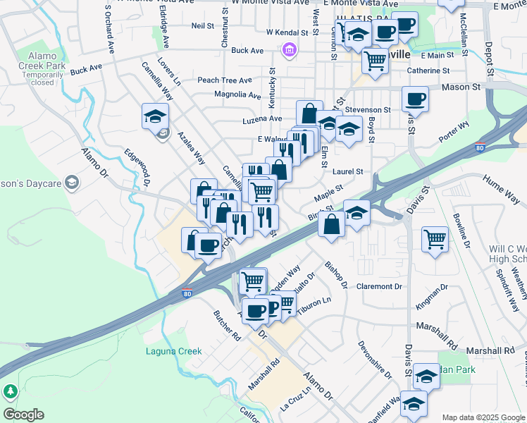 map of restaurants, bars, coffee shops, grocery stores, and more near 801 Merchant Street in Vacaville