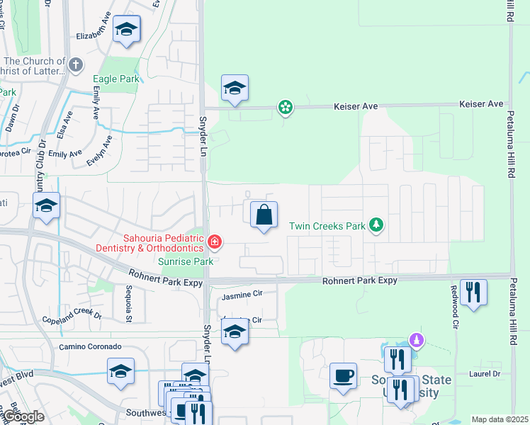 map of restaurants, bars, coffee shops, grocery stores, and more near 1510 Parkway Drive in Rohnert Park