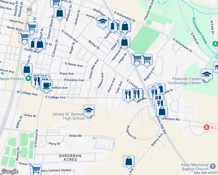 map of restaurants, bars, coffee shops, grocery stores, and more near 1022 Pierce Avenue in Salisbury