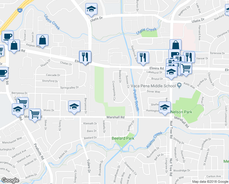 map of restaurants, bars, coffee shops, grocery stores, and more near 514 Crownpointe Circle in Vacaville