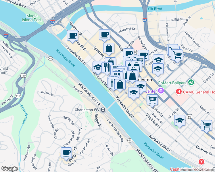 map of restaurants, bars, coffee shops, grocery stores, and more near 726 Kanawha Boulevard East in Charleston