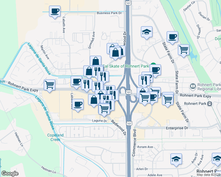 map of restaurants, bars, coffee shops, grocery stores, and more near 6288 Redwood Drive in Rohnert Park