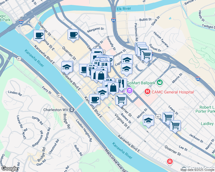 map of restaurants, bars, coffee shops, grocery stores, and more near 218 Dickinson Street in Charleston