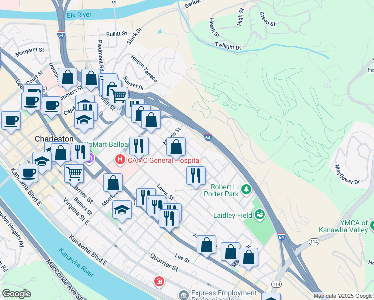 map of restaurants, bars, coffee shops, grocery stores, and more near 1332 Hansford Street in Charleston