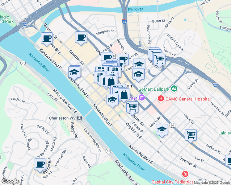 map of restaurants, bars, coffee shops, grocery stores, and more near 218 Dickinson Street in Charleston