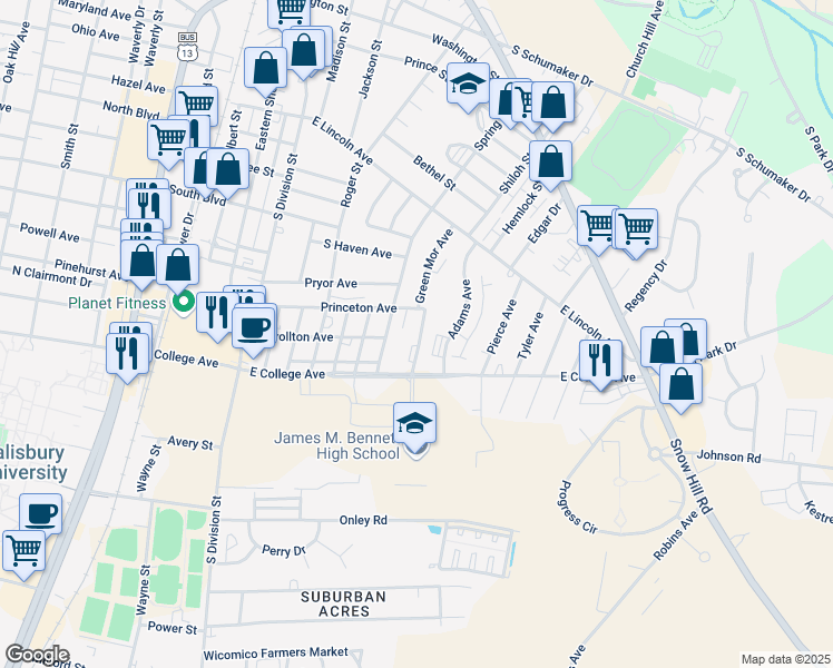 map of restaurants, bars, coffee shops, grocery stores, and more near 448 Princeton Avenue in Salisbury