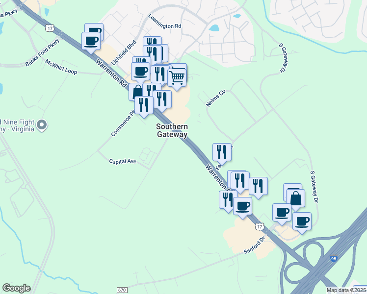map of restaurants, bars, coffee shops, grocery stores, and more near 681 Warrenton Road in Falmouth