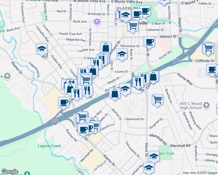 map of restaurants, bars, coffee shops, grocery stores, and more near 114 Birch St in Vacaville