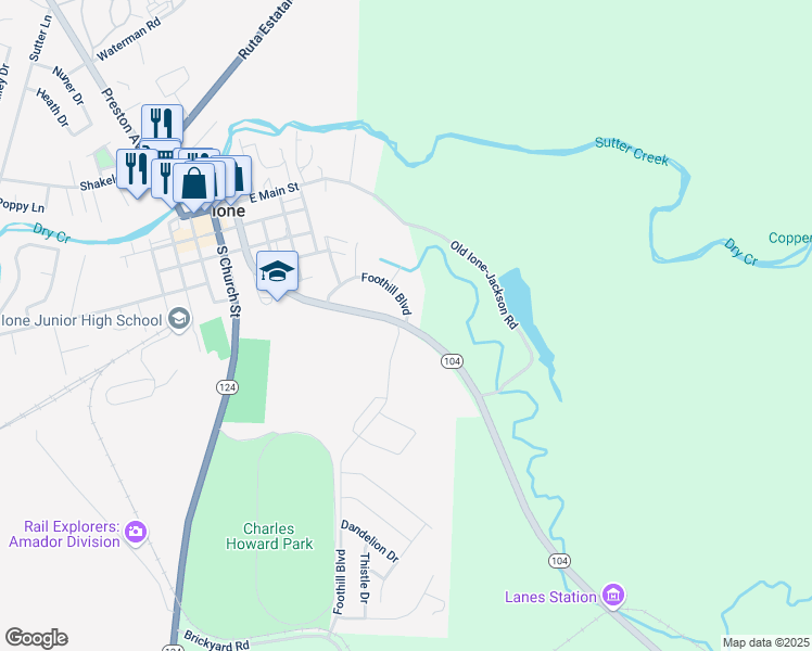 map of restaurants, bars, coffee shops, grocery stores, and more near 700 Foothill Boulevard in Ione