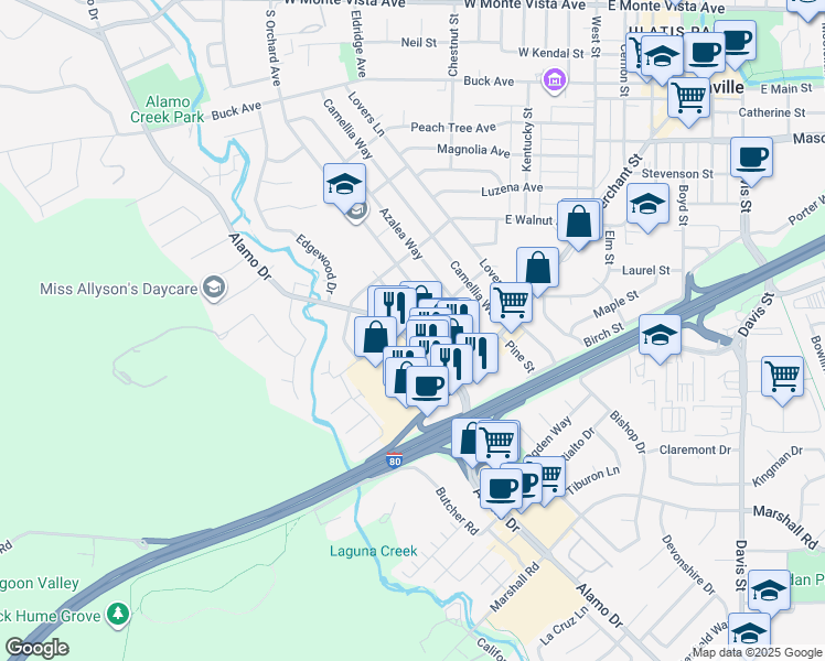 map of restaurants, bars, coffee shops, grocery stores, and more near 795 Alamo Drive in Vacaville