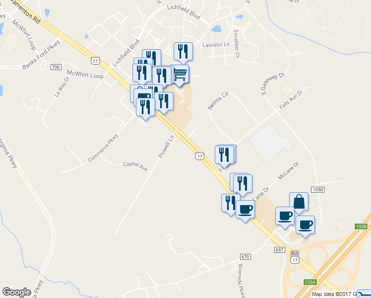 map of restaurants, bars, coffee shops, grocery stores, and more near 681 Warrenton Road in Falmouth