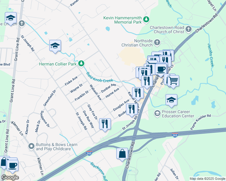 map of restaurants, bars, coffee shops, grocery stores, and more near 3935 Horne Avenue in New Albany