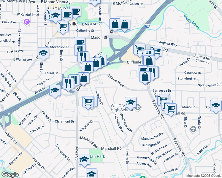 map of restaurants, bars, coffee shops, grocery stores, and more near 843 Studding Sail Street in Vacaville