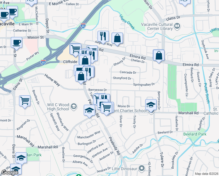 map of restaurants, bars, coffee shops, grocery stores, and more near 198 Berryessa Drive in Vacaville