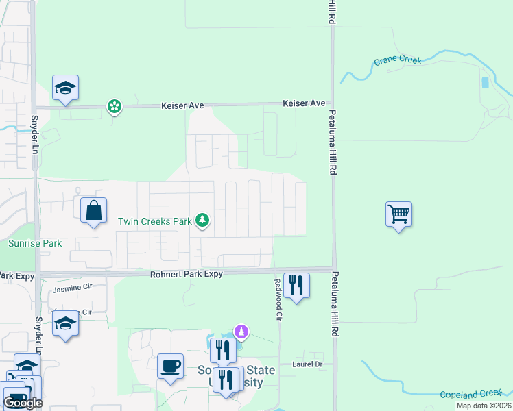 map of restaurants, bars, coffee shops, grocery stores, and more near 5732 Kassandra Place in Cotati