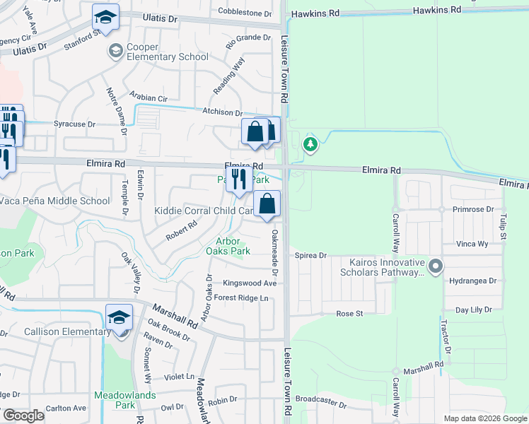 map of restaurants, bars, coffee shops, grocery stores, and more near 725 Fallbrook Avenue in Vacaville
