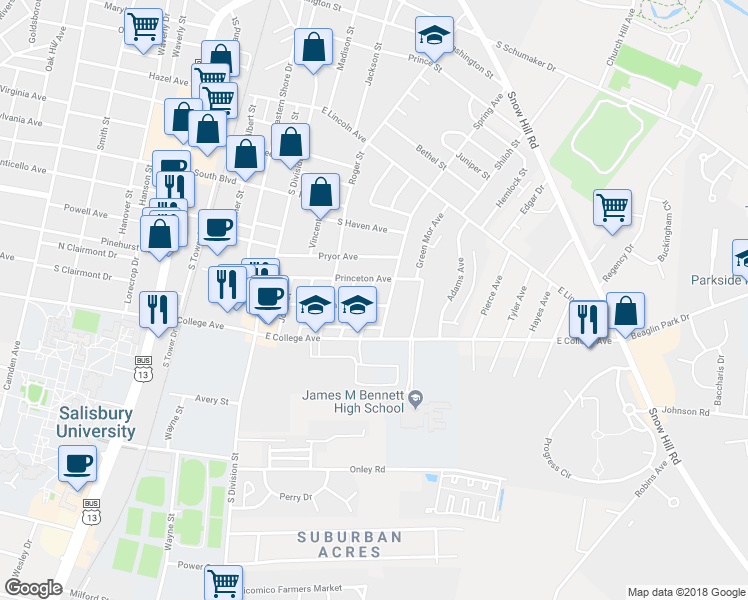 map of restaurants, bars, coffee shops, grocery stores, and more near 321 Carrollton Avenue in Salisbury