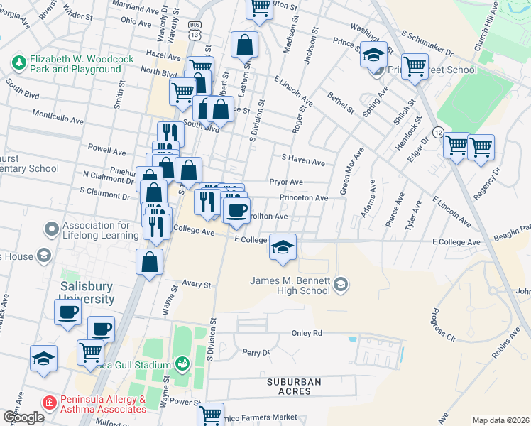 map of restaurants, bars, coffee shops, grocery stores, and more near 203 Carrollton Avenue in Salisbury