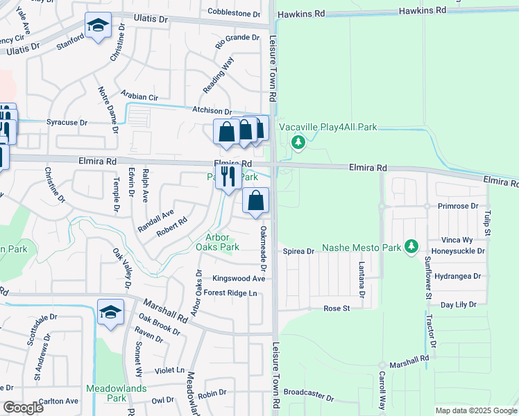 map of restaurants, bars, coffee shops, grocery stores, and more near 166 Arroyo Court in Vacaville