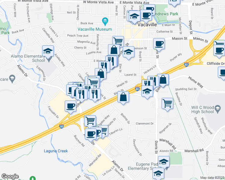 map of restaurants, bars, coffee shops, grocery stores, and more near 137 Maple Street in Vacaville