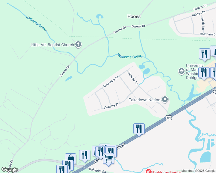 map of restaurants, bars, coffee shops, grocery stores, and more near 15458 Delaware Drive in King George