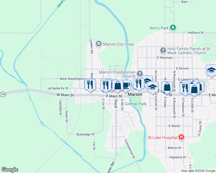 map of restaurants, bars, coffee shops, grocery stores, and more near 101-199 Santa Fe St in Marion