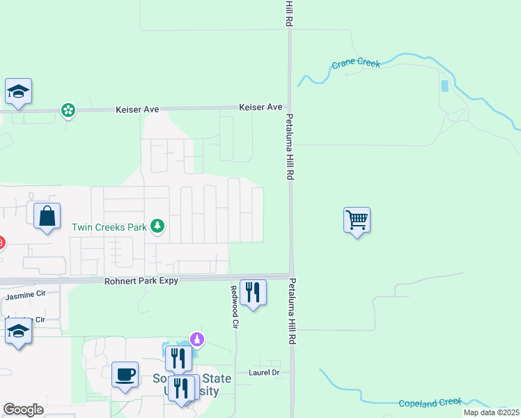map of restaurants, bars, coffee shops, grocery stores, and more near 5933 Keegan Place in Cotati