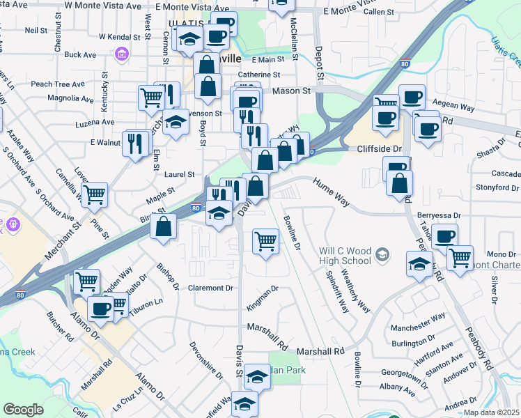 map of restaurants, bars, coffee shops, grocery stores, and more near 831 Davis Street in Vacaville