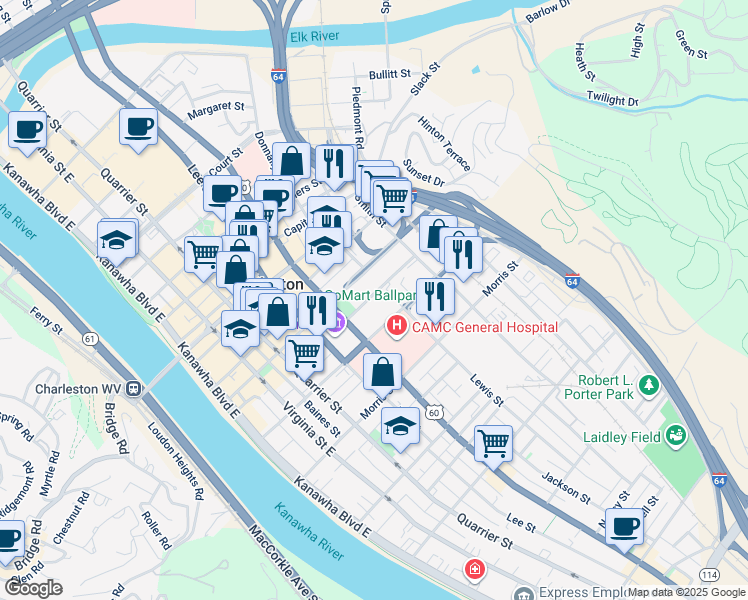 map of restaurants, bars, coffee shops, grocery stores, and more near 400-470 Sentz Street in Charleston