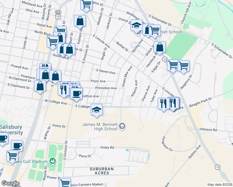 map of restaurants, bars, coffee shops, grocery stores, and more near 321 Carrollton Avenue in Salisbury