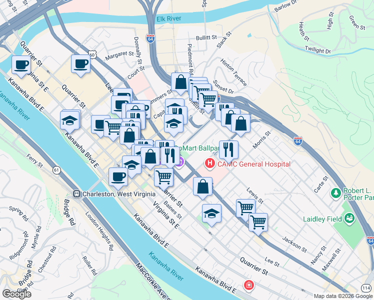 map of restaurants, bars, coffee shops, grocery stores, and more near 400-470 Sentz Street in Charleston
