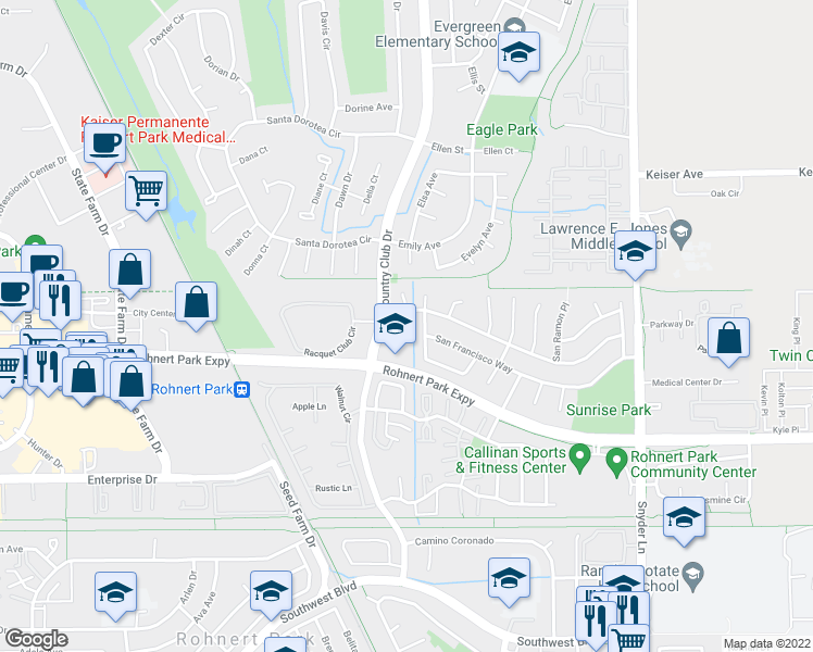 map of restaurants, bars, coffee shops, grocery stores, and more near 997 Santa Cruz Way in Rohnert Park