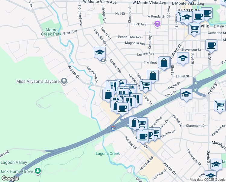 map of restaurants, bars, coffee shops, grocery stores, and more near Alamo Plaza in Vacaville