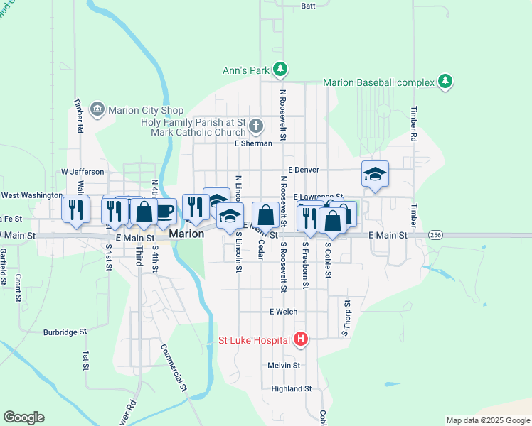 map of restaurants, bars, coffee shops, grocery stores, and more near 126 North Cedar in Marion