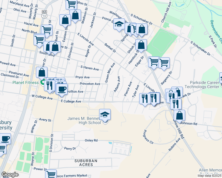 map of restaurants, bars, coffee shops, grocery stores, and more near 1022 Adams Avenue in Salisbury