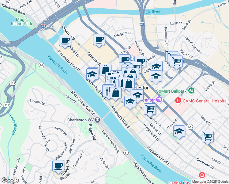 map of restaurants, bars, coffee shops, grocery stores, and more near 112 Capitol Street in Charleston