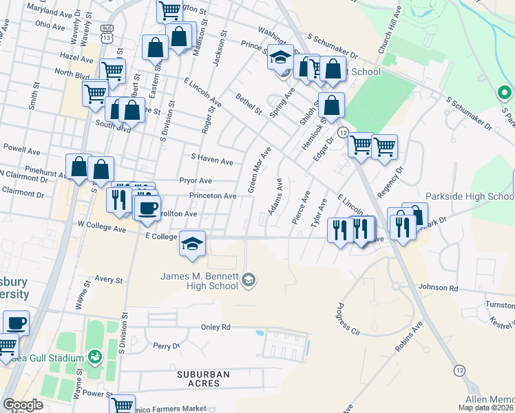map of restaurants, bars, coffee shops, grocery stores, and more near 448 Princeton Avenue in Salisbury