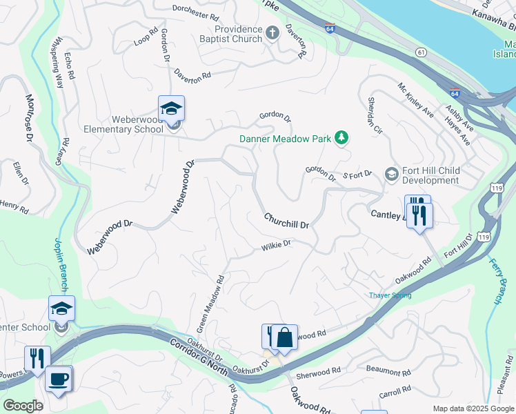 map of restaurants, bars, coffee shops, grocery stores, and more near 737 Churchill Drive in Charleston