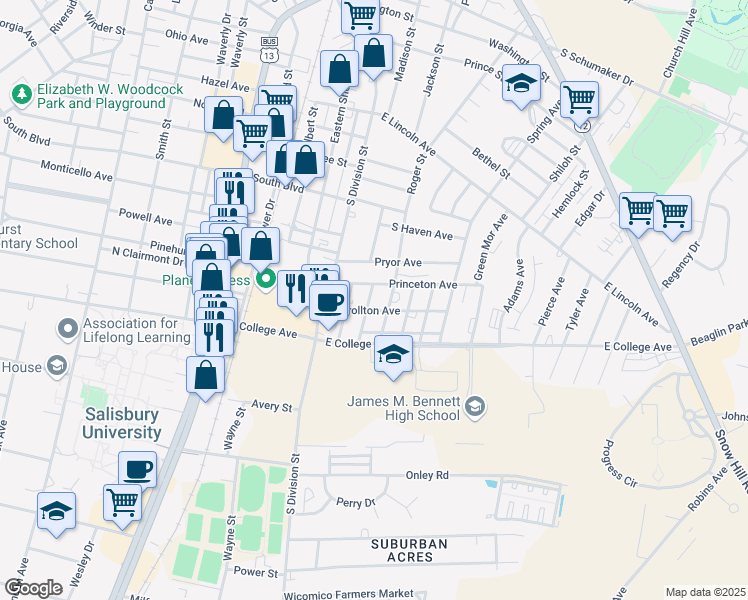 map of restaurants, bars, coffee shops, grocery stores, and more near 1006 Roger Street in Salisbury